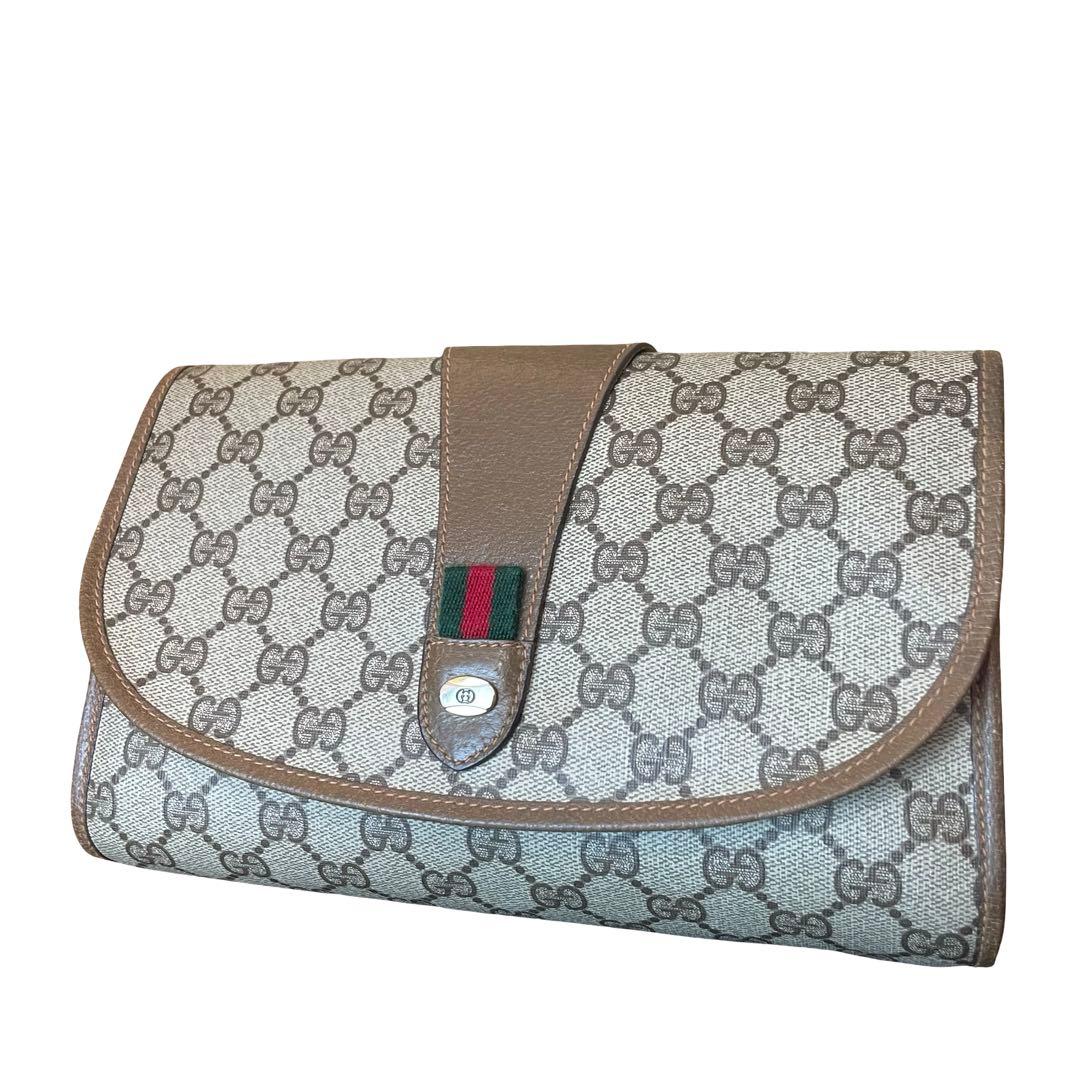 【レア】GUCCI クラッチバッグ シェリーライン GG柄 PVC レザー 茶