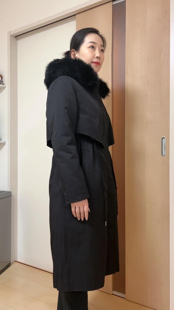 新品ラビットファーライナーモッズコート黒フード付きフォックストリミング毛皮ファー