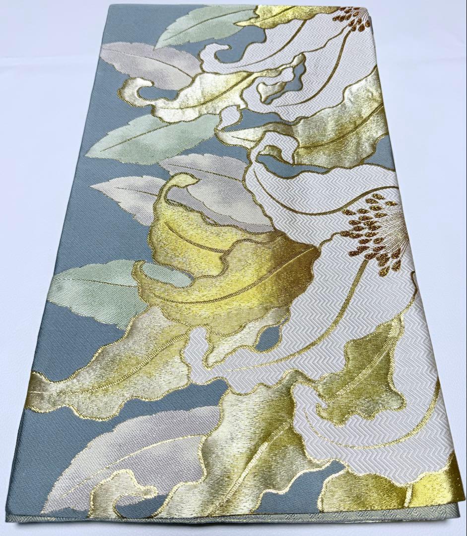 高級 袋帯 正絹 六通柄 佐賀錦 武一郎 落款入り 百合 ゴールド 唐織 ブルー