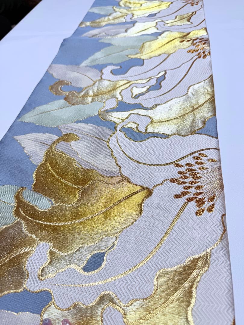 高級 袋帯 正絹 六通柄 佐賀錦 武一郎 落款入り 百合 ゴールド 唐織 ブルー