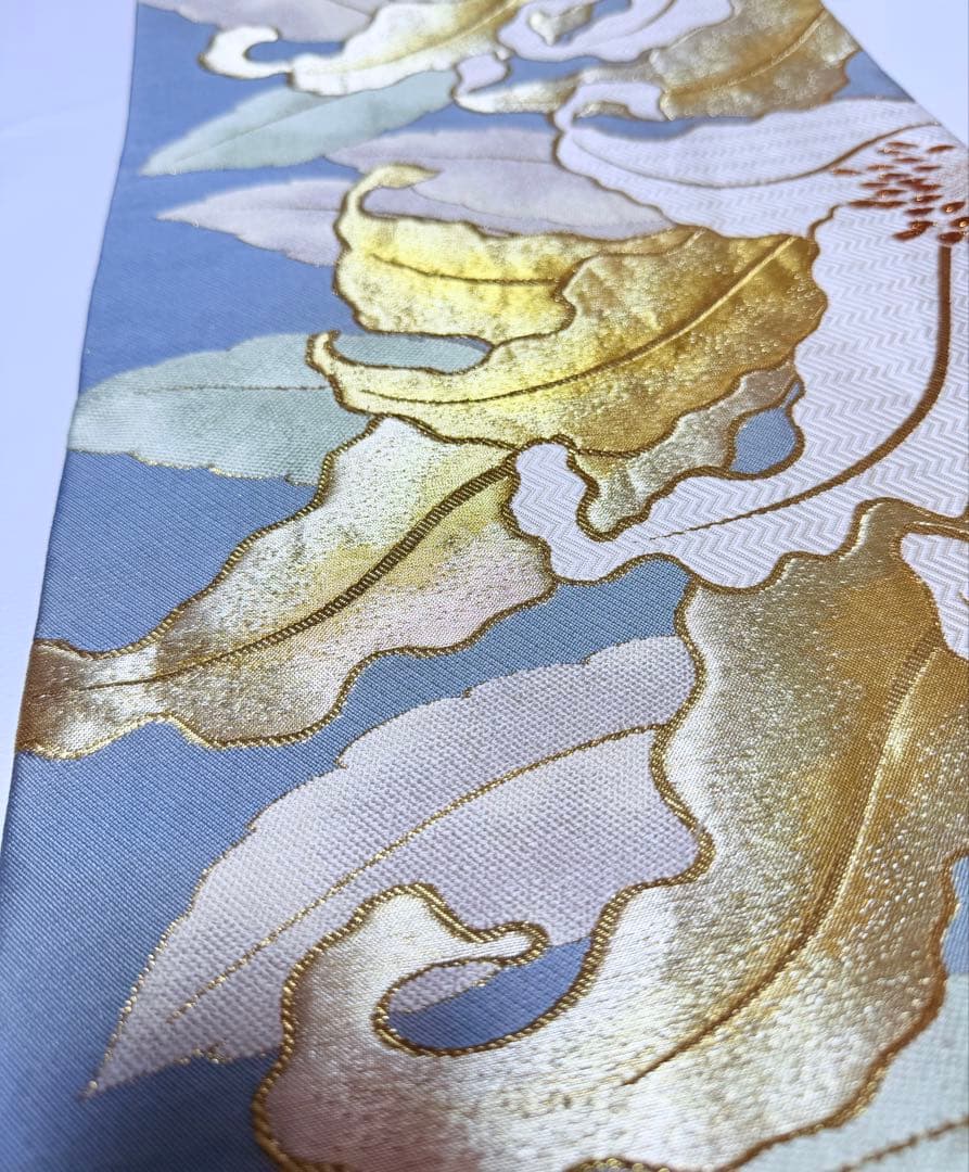 高級 袋帯 正絹 六通柄 佐賀錦 武一郎 落款入り 百合 ゴールド 唐織 ブルー