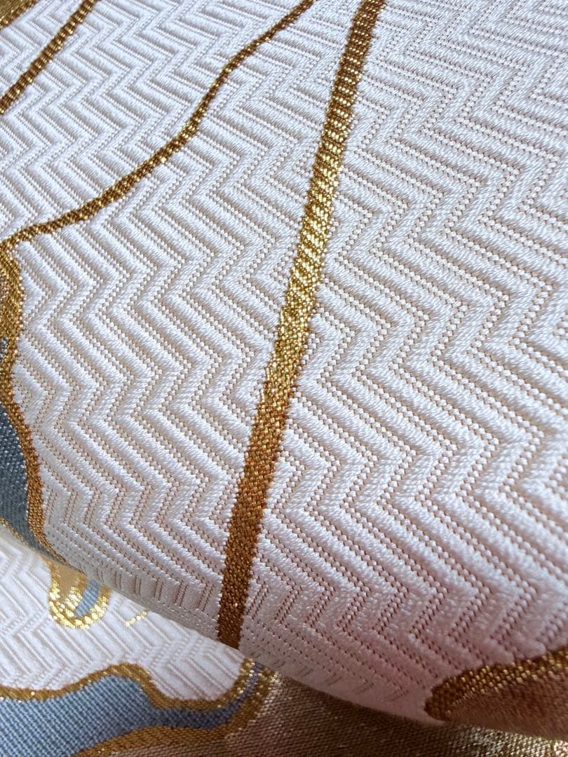 高級 袋帯 正絹 六通柄 佐賀錦 武一郎 落款入り 百合 ゴールド 唐織 ブルー