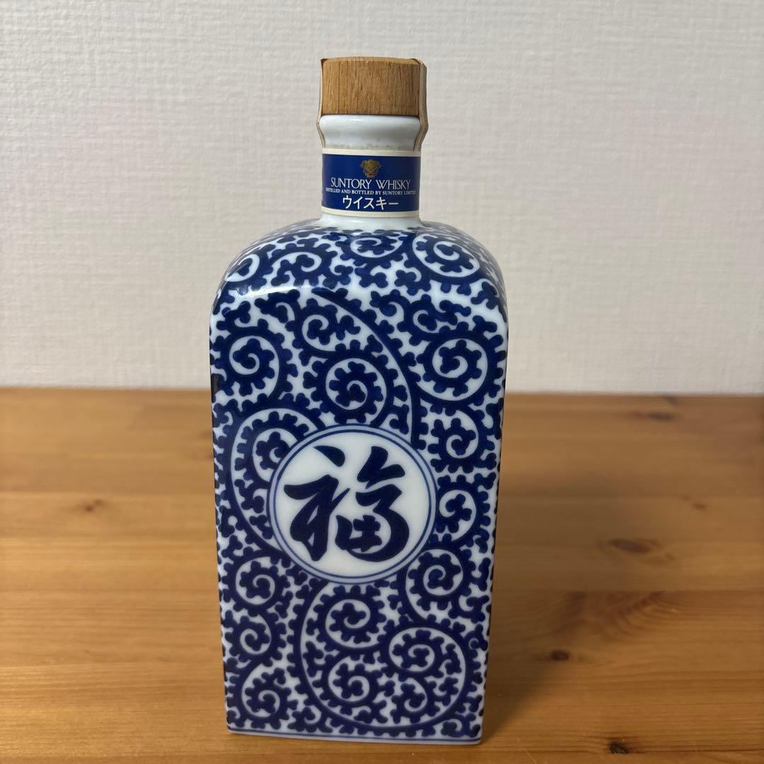 サントリー ウイスキー 山崎12年　染付蛸唐草「福」文角瓶 有田焼 陶器 古酒