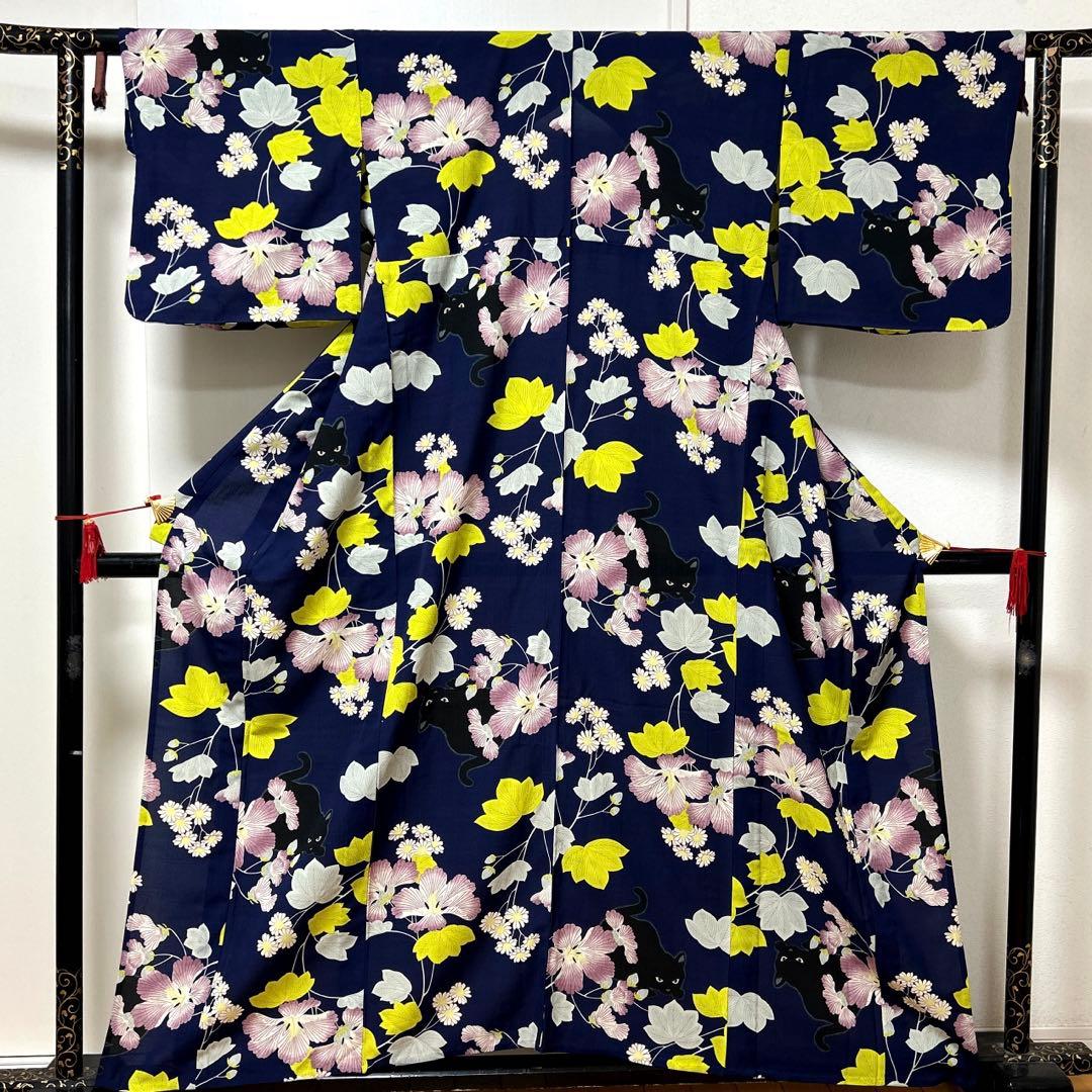 【彦兵衛mini】お買得！人気『撫松庵』・セオα浴衣・半幅帯セット〜芙蓉に黒猫〜