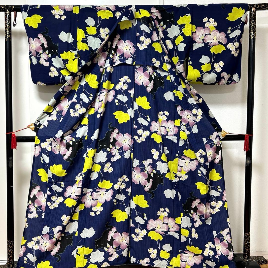 【彦兵衛mini】お買得！人気『撫松庵』・セオα浴衣・半幅帯セット〜芙蓉に黒猫〜