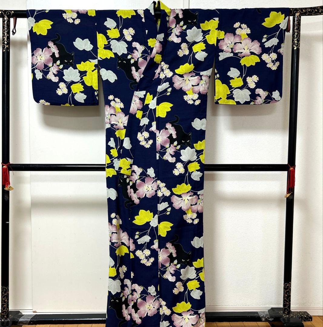 【彦兵衛mini】お買得！人気『撫松庵』・セオα浴衣・半幅帯セット〜芙蓉に黒猫〜