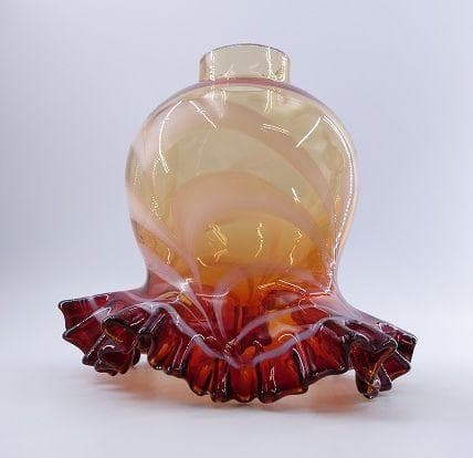 北一硝子 オイルランプ 紫×赤 フリル ガラス フリルシェード