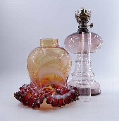 北一硝子 オイルランプ 紫×赤 フリル ガラス フリルシェード