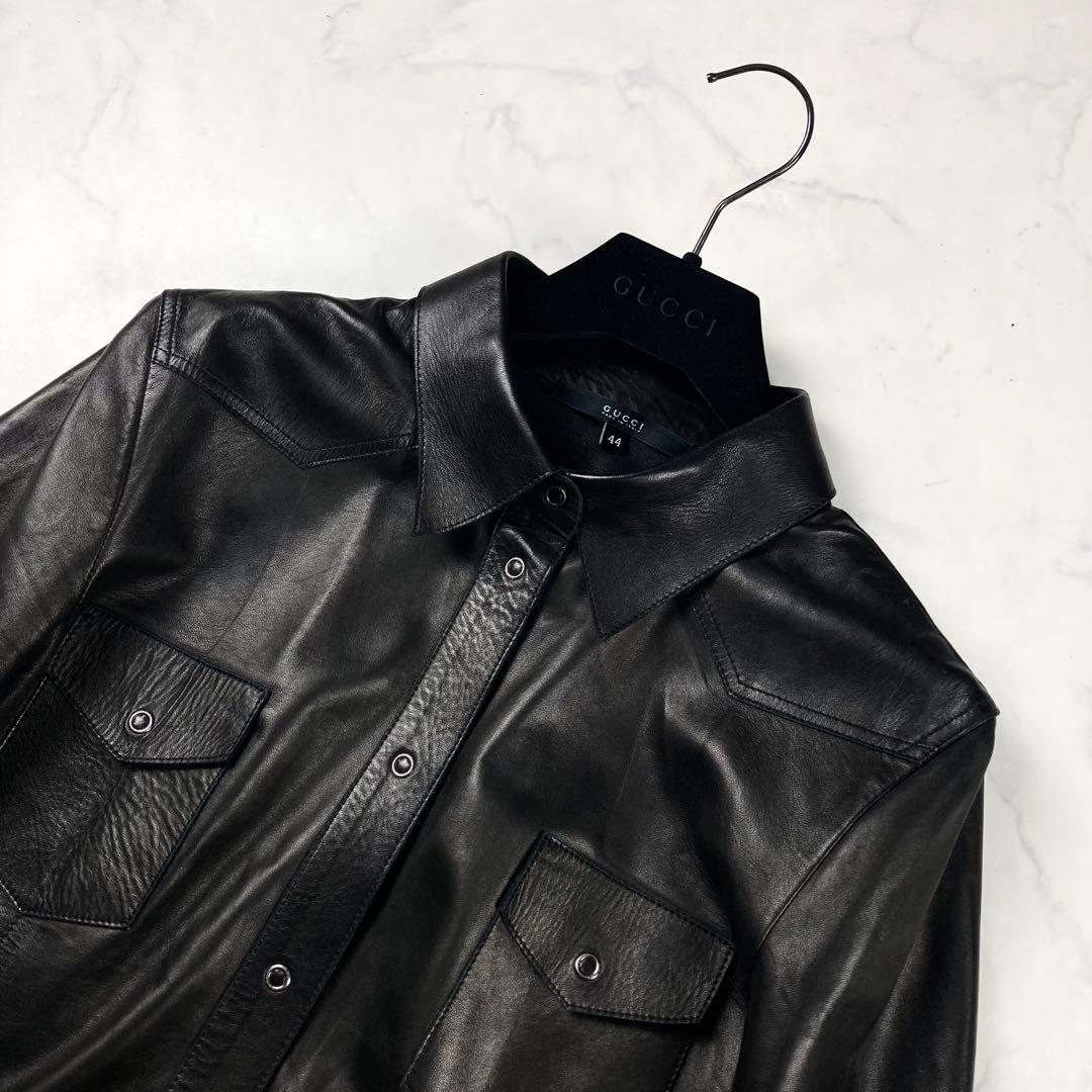 ✨美品✨GUCCI　グッチ　革　ジャケット　シャツ　ブラウス　レザー　黒