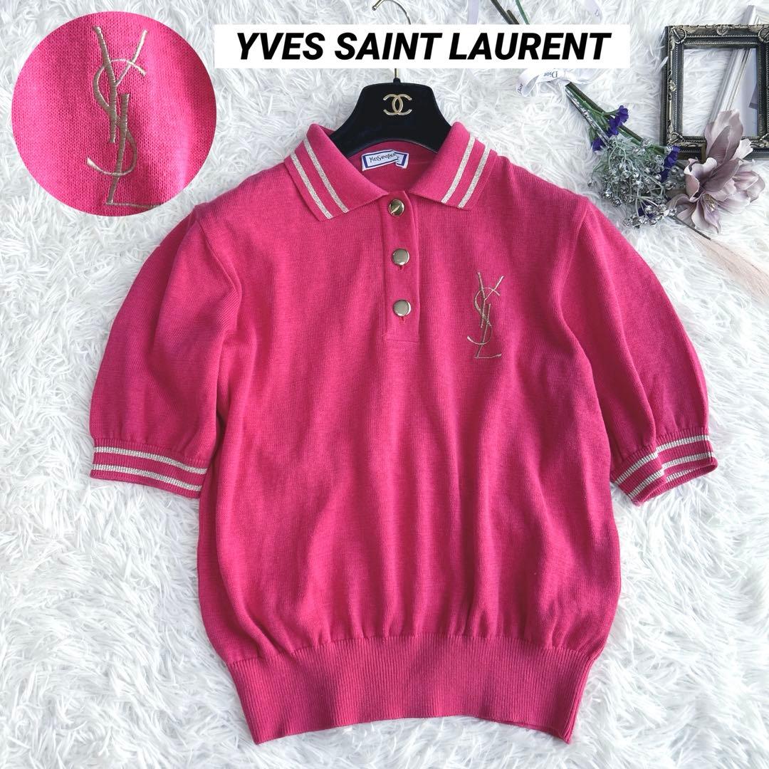 希少✨イヴサンローラン リネン混　ポロシャツ 半袖 金ボタン ロゴ刺繍　ピンク