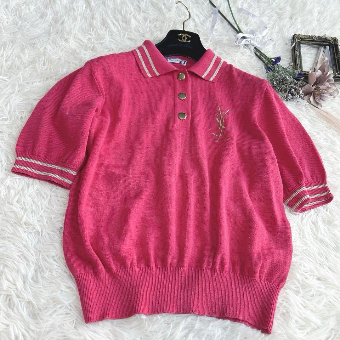 希少✨イヴサンローラン リネン混　ポロシャツ 半袖 金ボタン ロゴ刺繍　ピンク