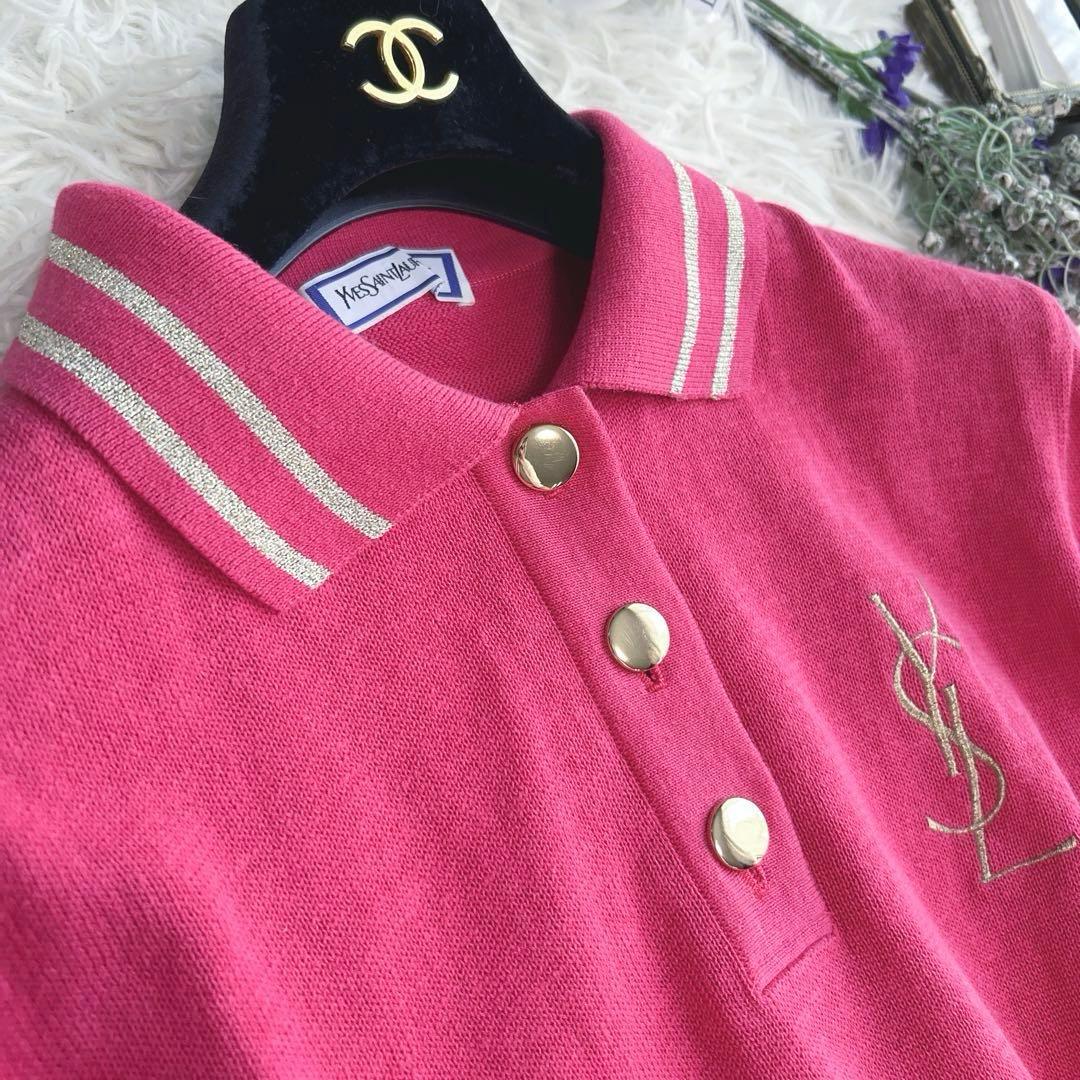 希少✨イヴサンローラン リネン混　ポロシャツ 半袖 金ボタン ロゴ刺繍　ピンク