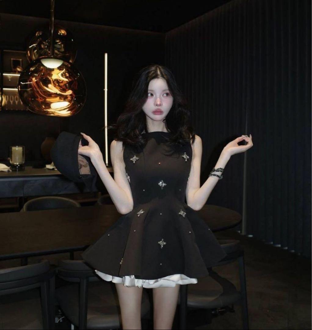 新品タグ付 ダーリッチ ビジューフレアバルーンミニドレス FL ブラック