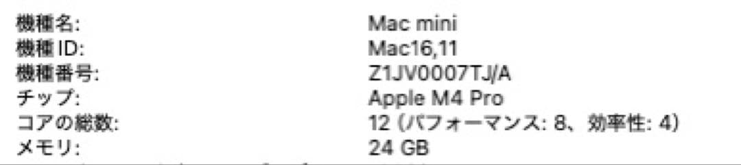 Macデスクトップ Mac mini M4 pro(12CPU 16GPU)