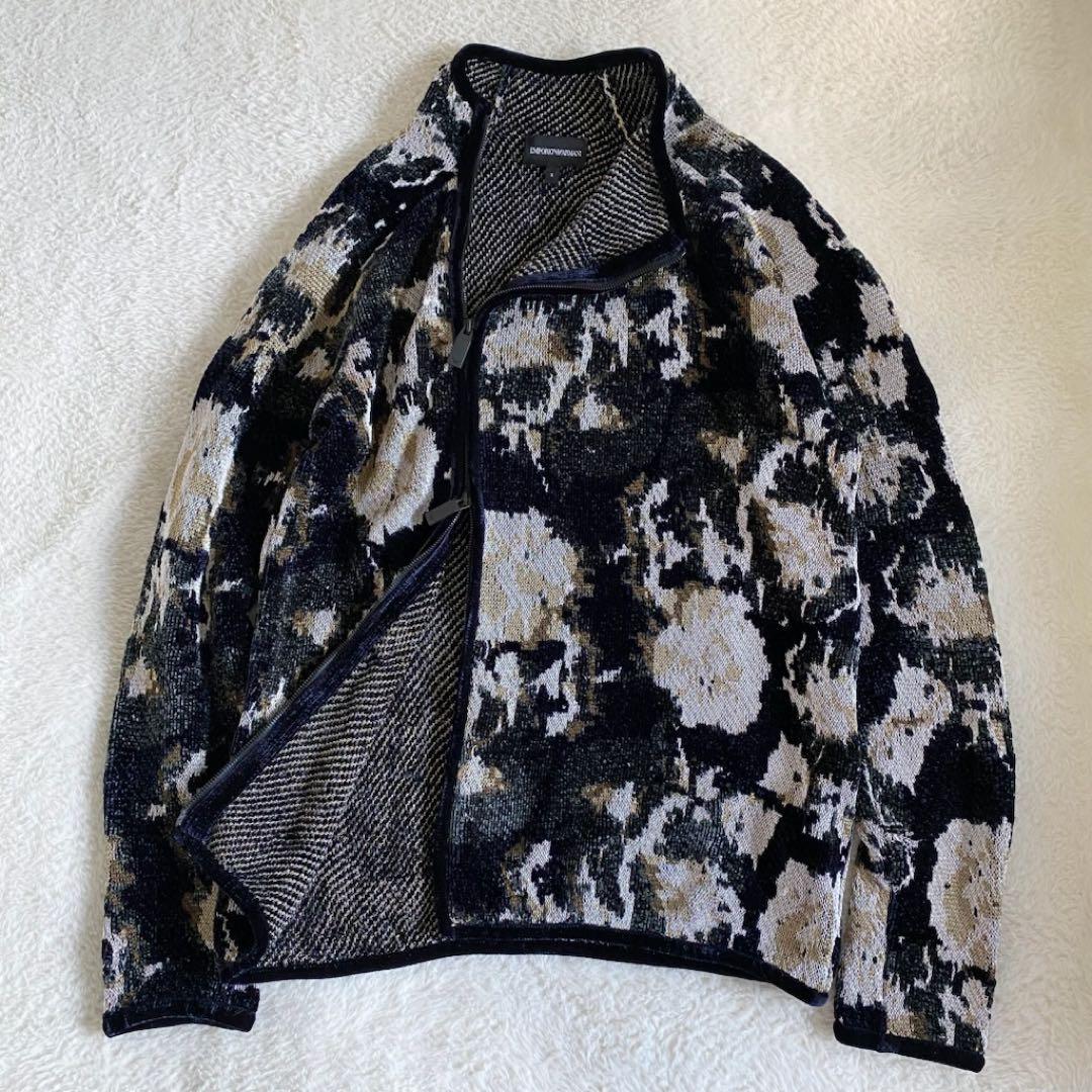 EMPORIO ARMANI ライダース　ニット　ジャガード　ベロア　総柄　M