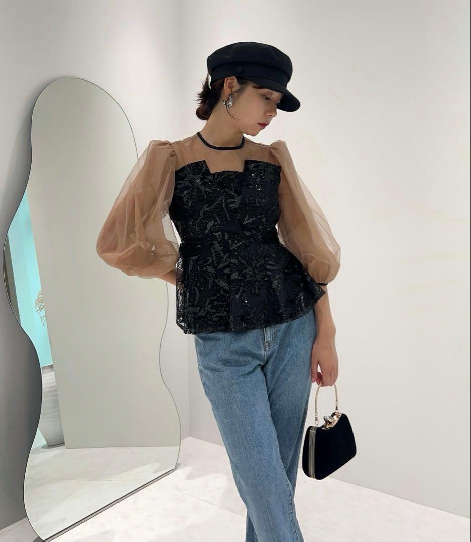 Leja シアーパフスリーブ花柄ドレス 2点セット