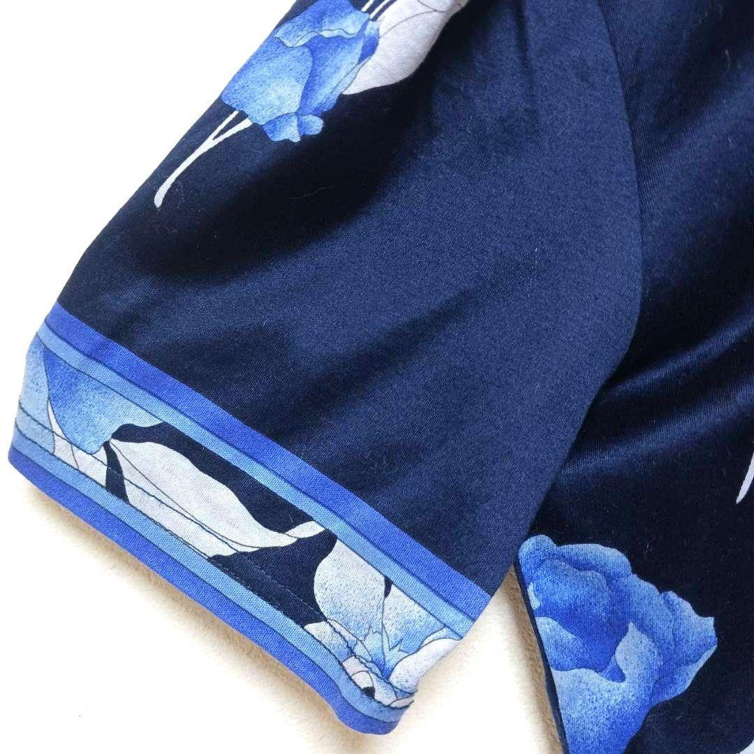 レオナール　半袖　カットソー　花柄　Tシャツ　綿　Mサイズ　濃い青