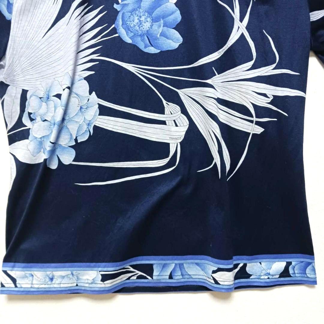 レオナール　半袖　カットソー　花柄　Tシャツ　綿　Mサイズ　濃い青