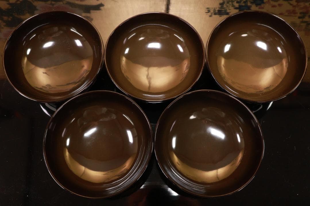 輪島塗　図替わり　草花蒔絵　吸物椀　五客　木製　BJ119