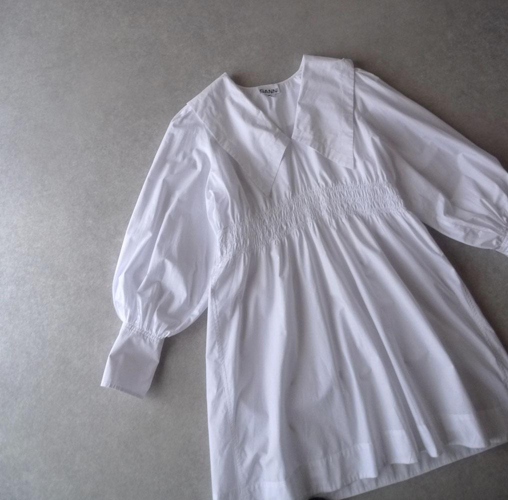 美品 GANNI インド製 ビッグカラーブラウス ミニワンピース ホワイト C