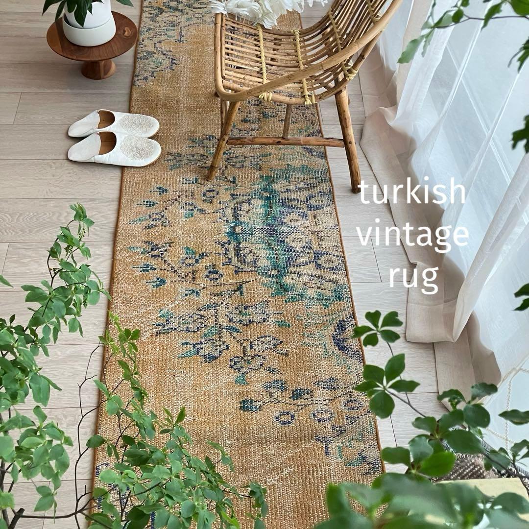 超ロング✳︎57×223 貴重カラー　イエロー　ランナー　トルコヴィンテージラグ