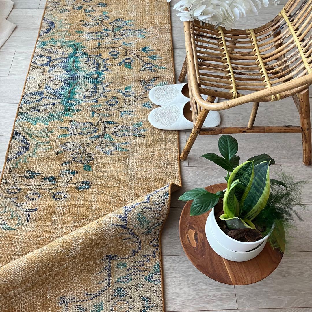 超ロング✳︎57×223 貴重カラー　イエロー　ランナー　トルコヴィンテージラグ