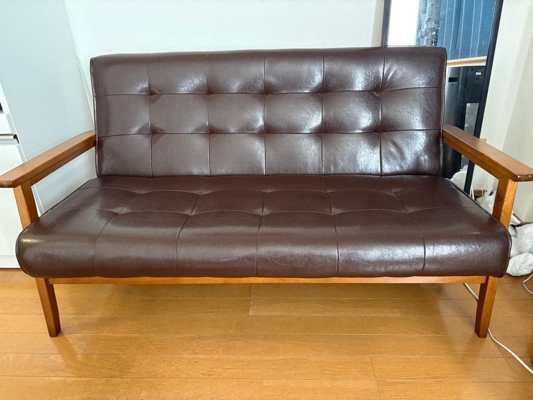 【美品】ダークブラウン 合成皮革 2.5人掛けソファ