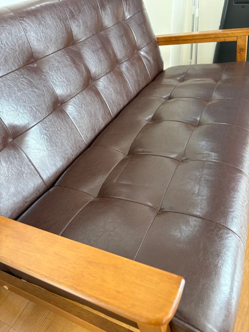 【美品】ダークブラウン 合成皮革 2.5人掛けソファ