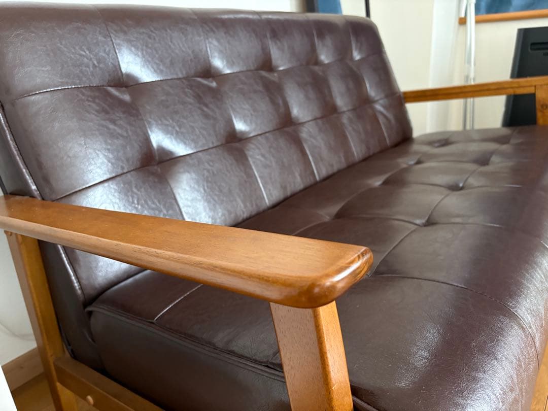 【美品】ダークブラウン 合成皮革 2.5人掛けソファ