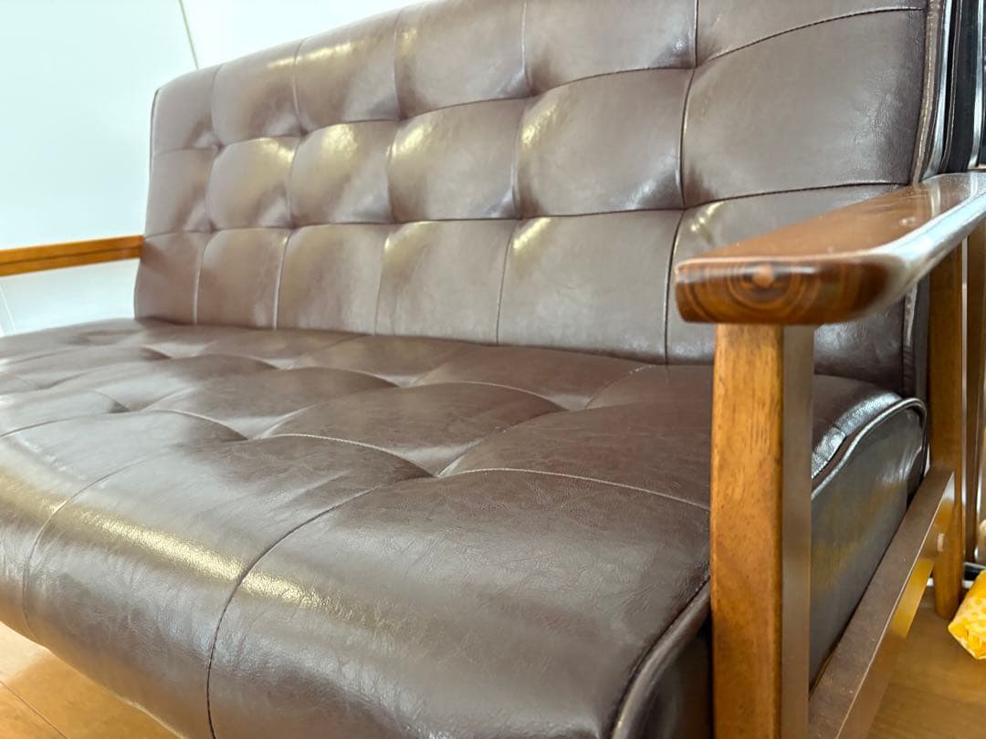 【美品】ダークブラウン 合成皮革 2.5人掛けソファ