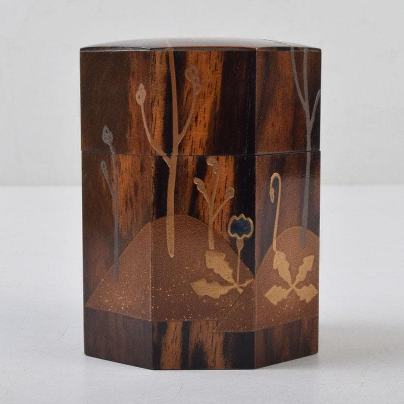 はな　茶道具　山下泰園作　黒柿製　早蕨蒔絵　八角茶器　共箱　V　8560