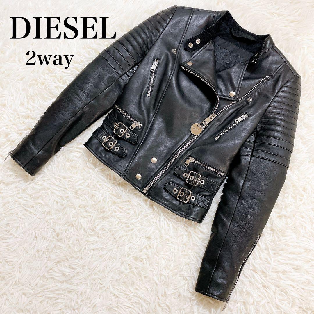 美品✨ディーゼル 2wayラムレザージャケット　黒　ロゴプレート　中綿　ショート