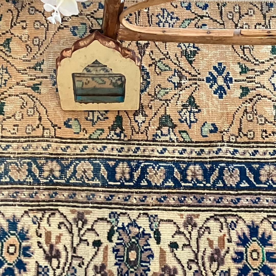 密織　繊細　デニムネイビー　淡いイエロークリームベージュ　トルコヴィンテージラグ