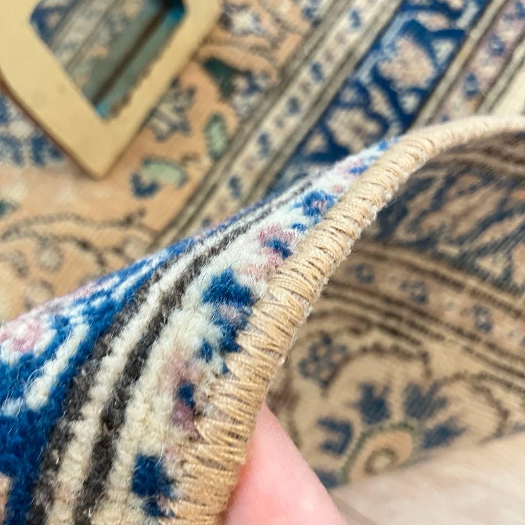 密織　繊細　デニムネイビー　淡いイエロークリームベージュ　トルコヴィンテージラグ