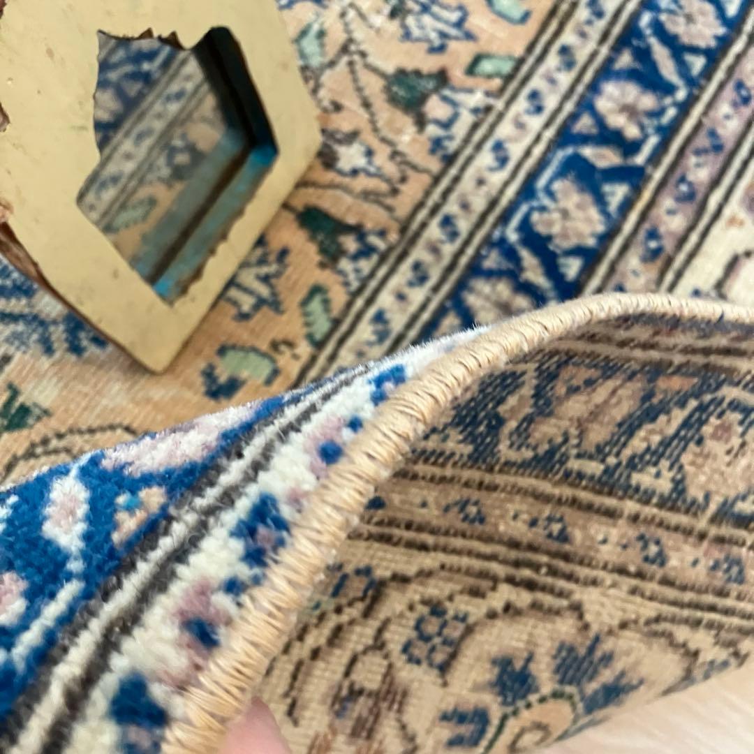 密織　繊細　デニムネイビー　淡いイエロークリームベージュ　トルコヴィンテージラグ