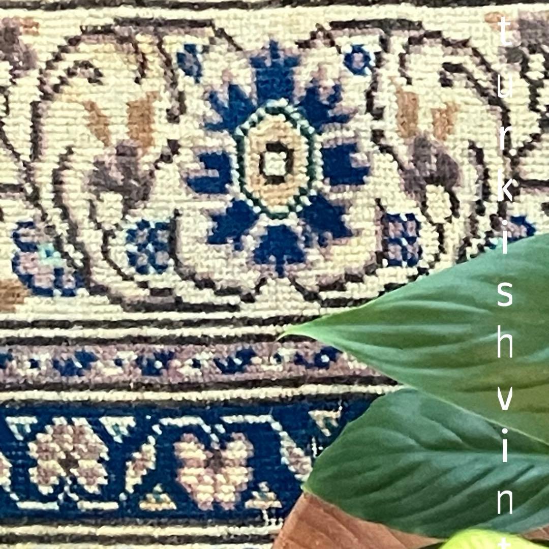 密織　繊細　デニムネイビー　淡いイエロークリームベージュ　トルコヴィンテージラグ