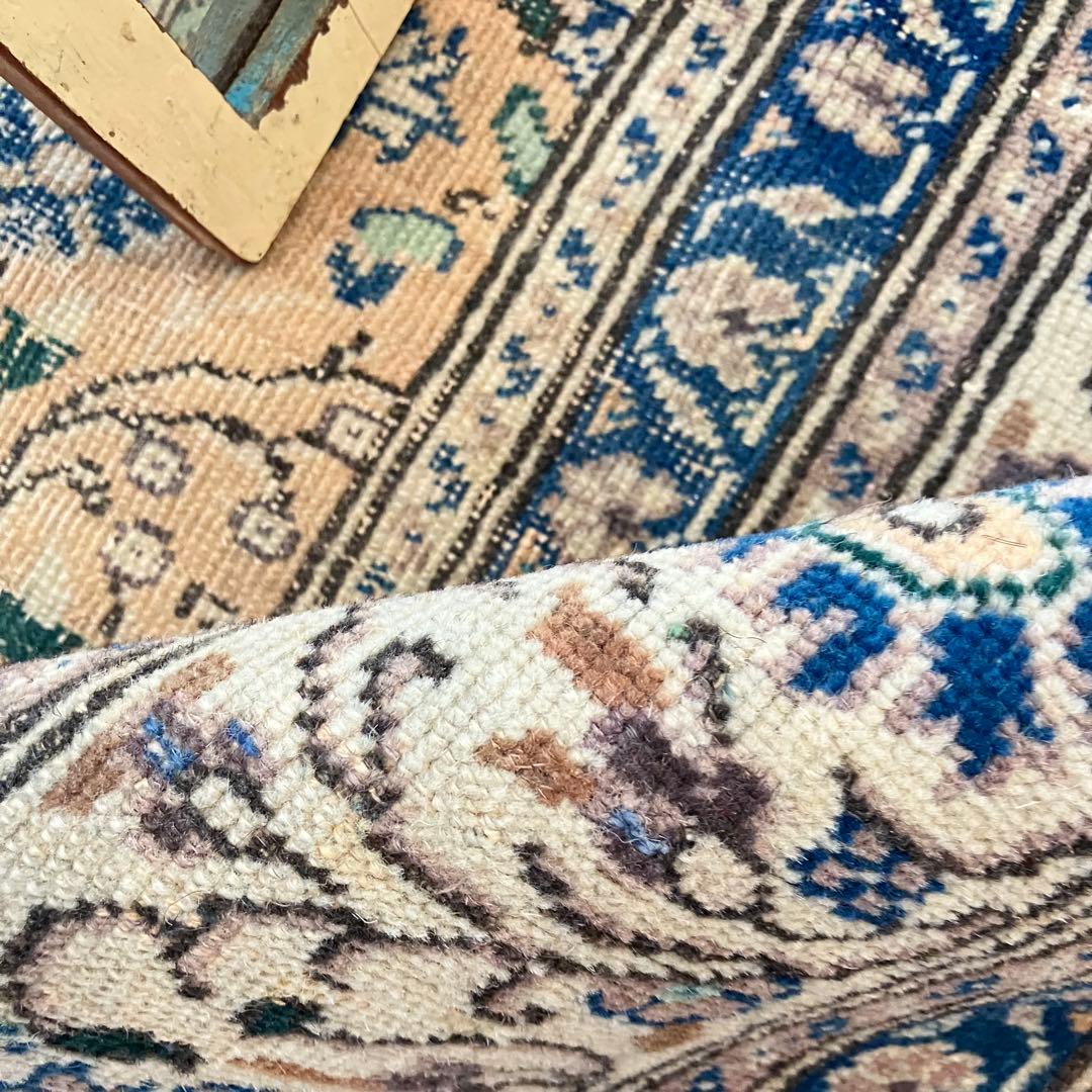 密織　繊細　デニムネイビー　淡いイエロークリームベージュ　トルコヴィンテージラグ
