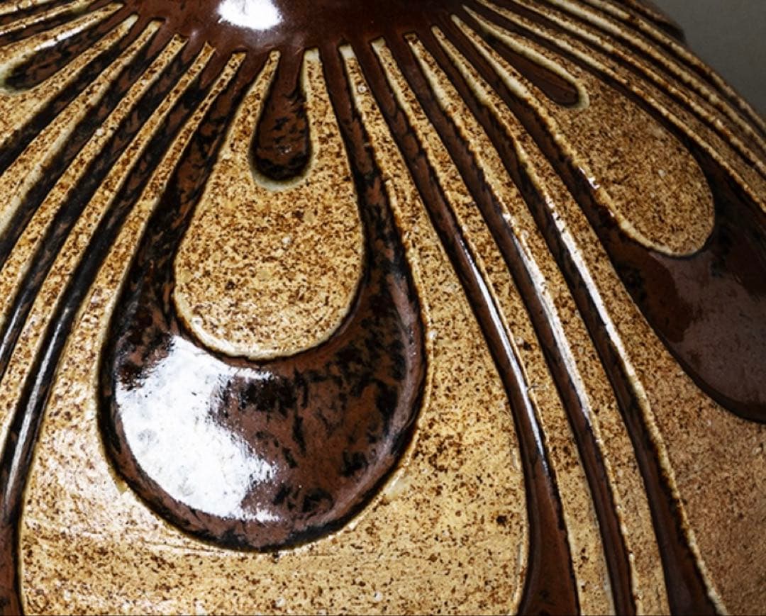 民藝/河井久/鐵釉刻紋壷/共箱付/河井寛次郎の甥