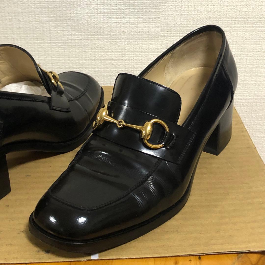 グッチ　GUCCI ホースビット　ローファー　ヒール　ブラック　黒　レザー
