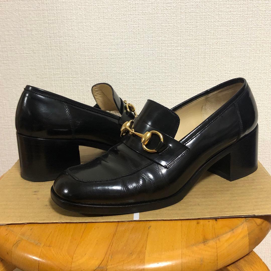 グッチ　GUCCI ホースビット　ローファー　ヒール　ブラック　黒　レザー