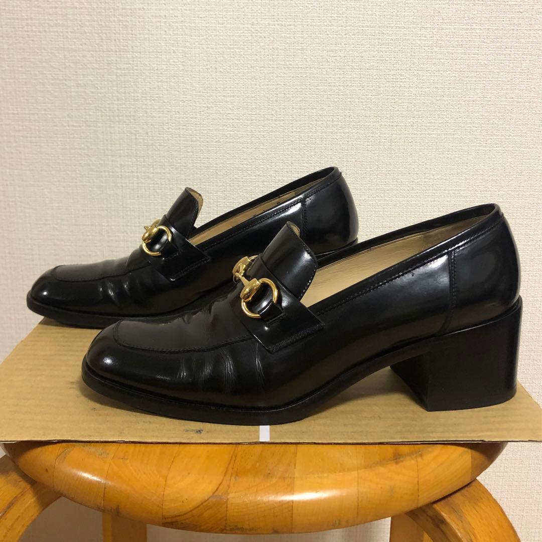 グッチ　GUCCI ホースビット　ローファー　ヒール　ブラック　黒　レザー