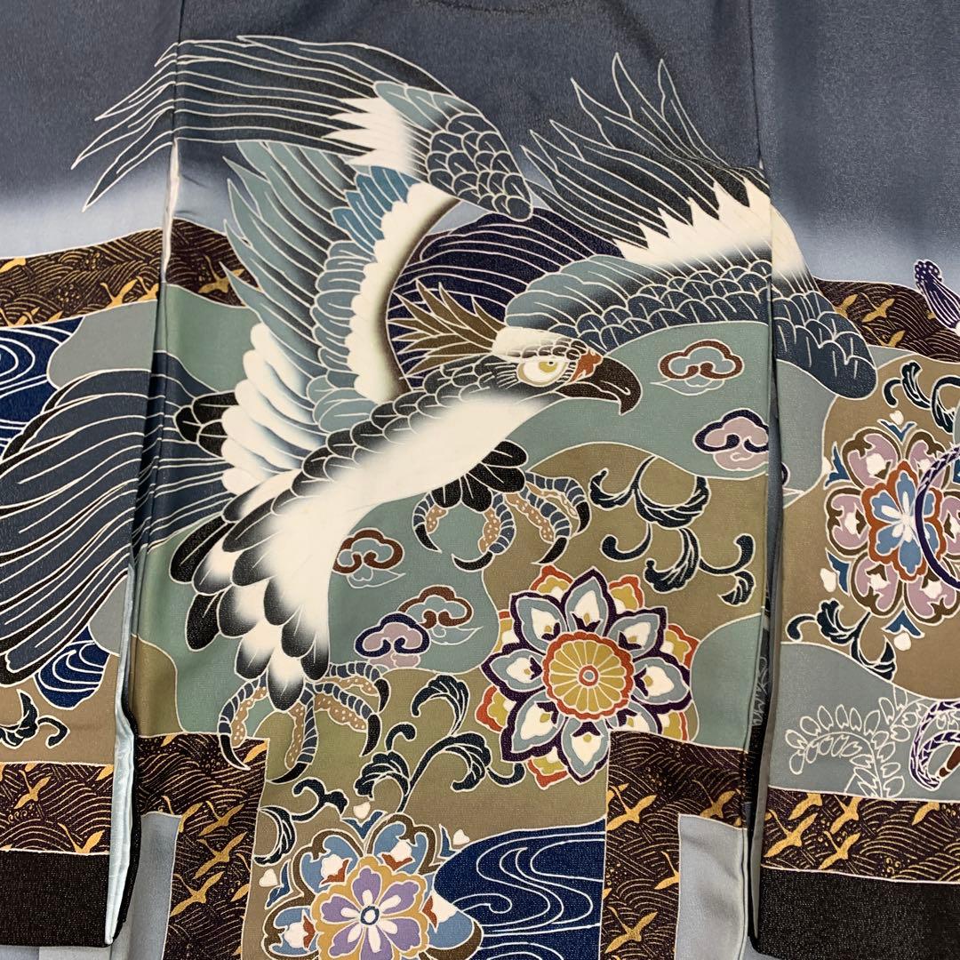 筋肉 新品正絹産着京友禅手描き美術金通し生地仕様、特選大鷹と祝い小槌古典文