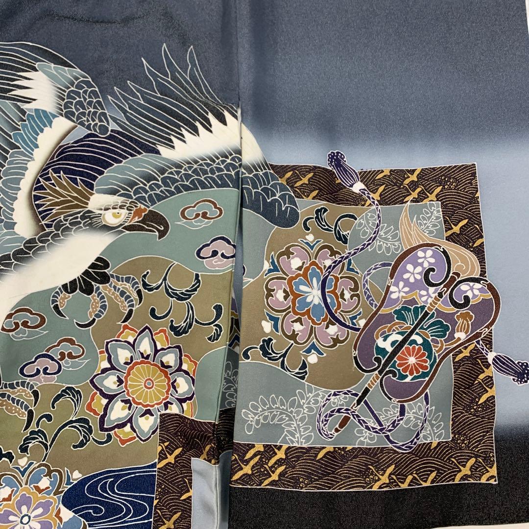 筋肉 新品正絹産着京友禅手描き美術金通し生地仕様、特選大鷹と祝い小槌古典文