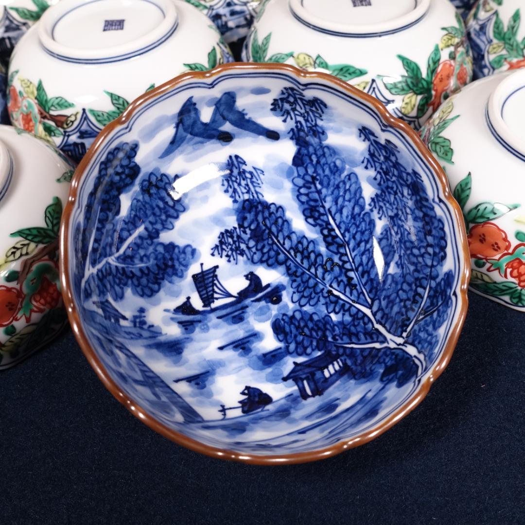 京焼名工 馬場京泉 染付色絵 柘榴に山水風景文 向付 10客