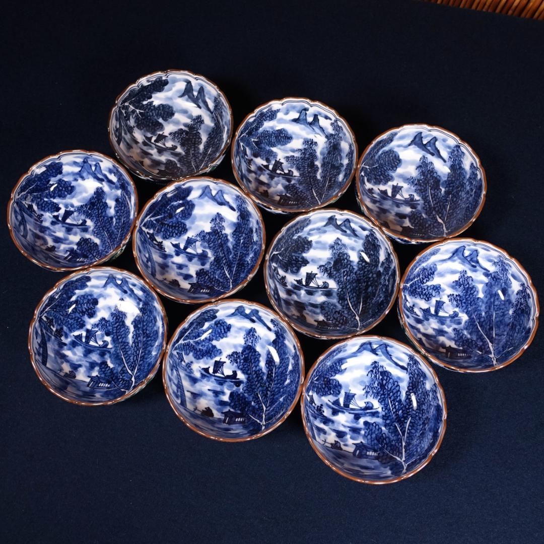 京焼名工 馬場京泉 染付色絵 柘榴に山水風景文 向付 10客