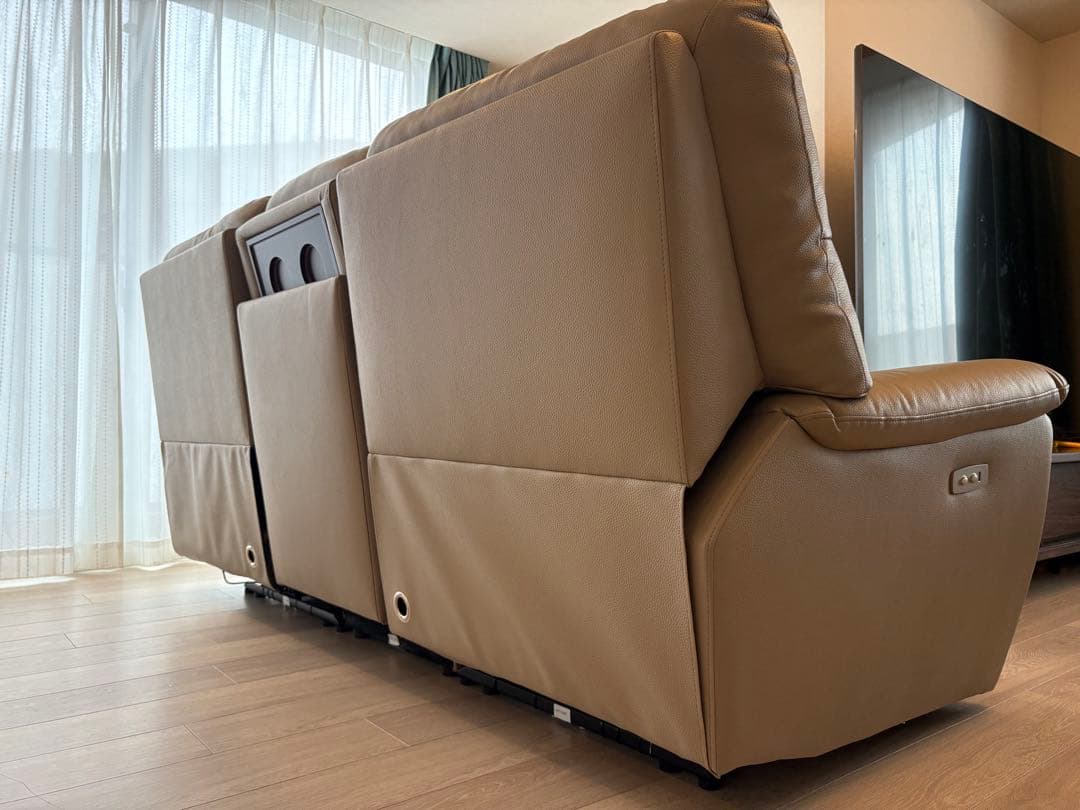 ライトグレー レザー 3人掛け電動リクライニングソファ