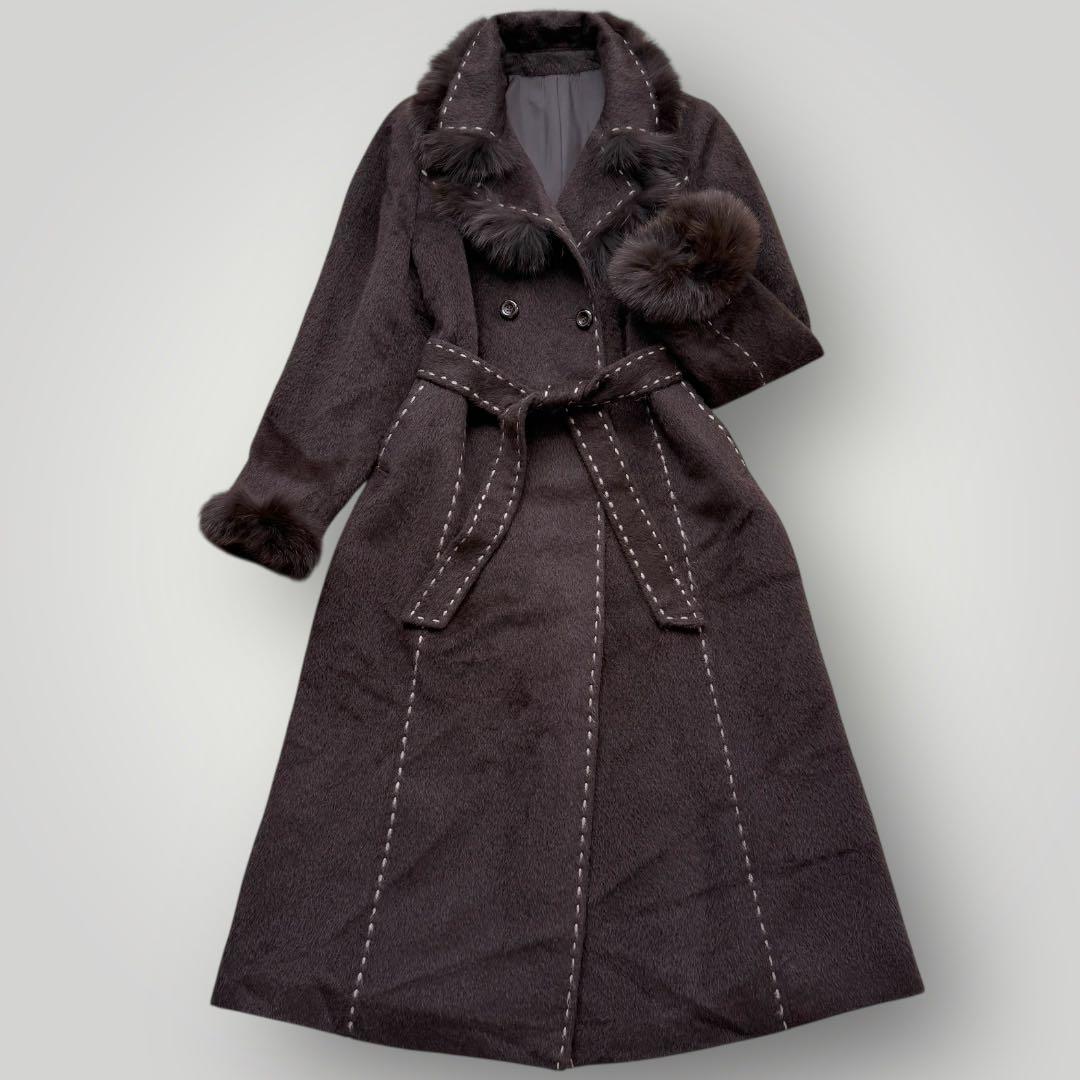 本毛皮☆フォックス アルパカ ベルテッドコート マキシ丈 120㎝ ブラウン