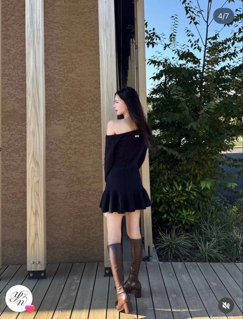 yilon イロン ワンショルダーケーブルニットワンピ ネイビー