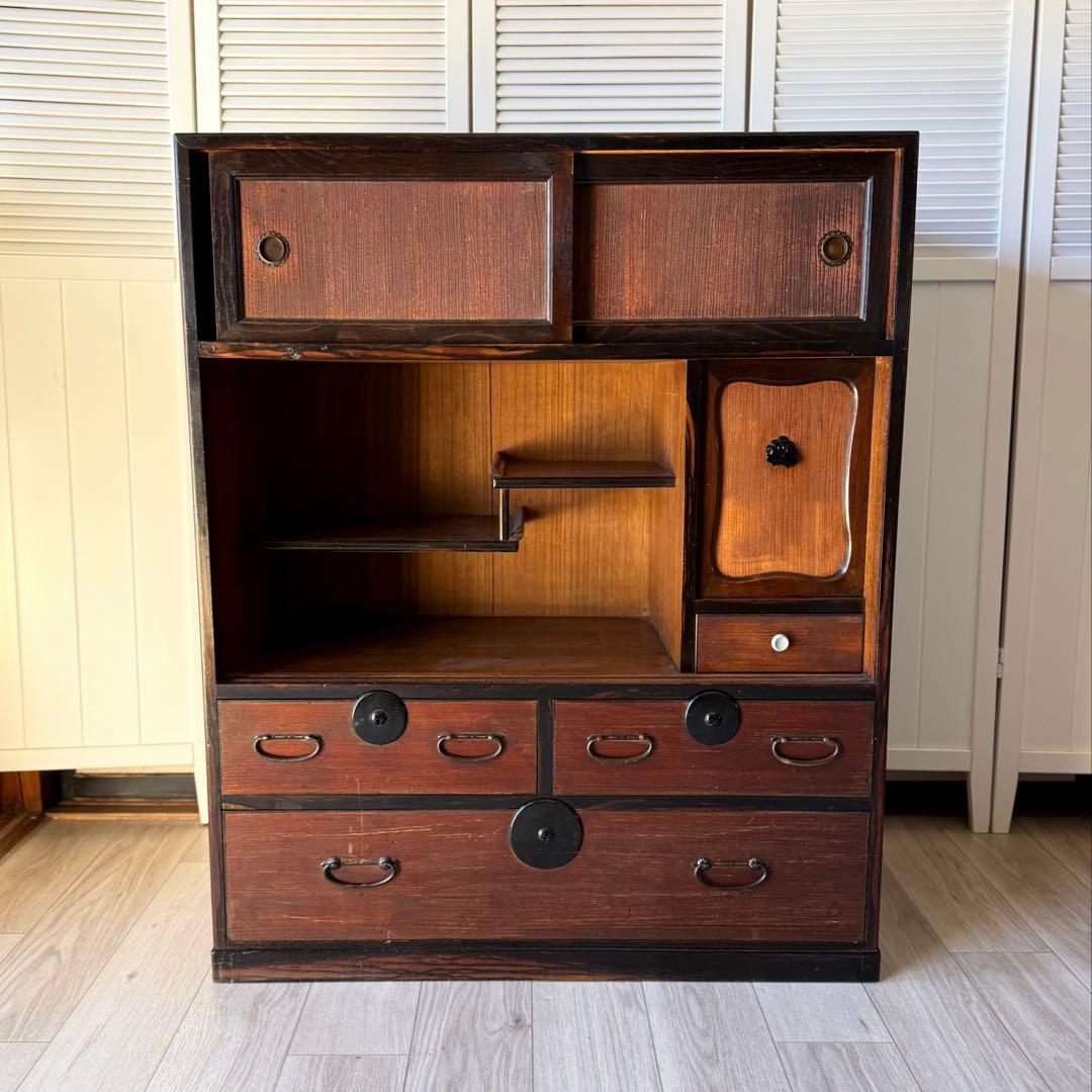 水屋箪笥 茶箪笥 飾り棚 レトロ 木製 古家具 和箪笥 アンティーク家具 桐 漆