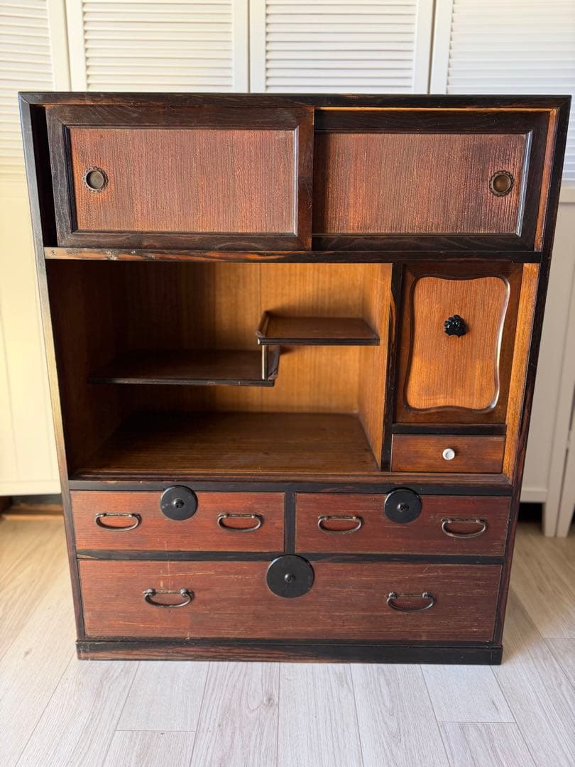 水屋箪笥 茶箪笥 飾り棚 レトロ 木製 古家具 和箪笥 アンティーク家具 桐 漆